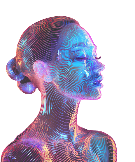 Wireframe illustration of a human head rendered in neon contour lines